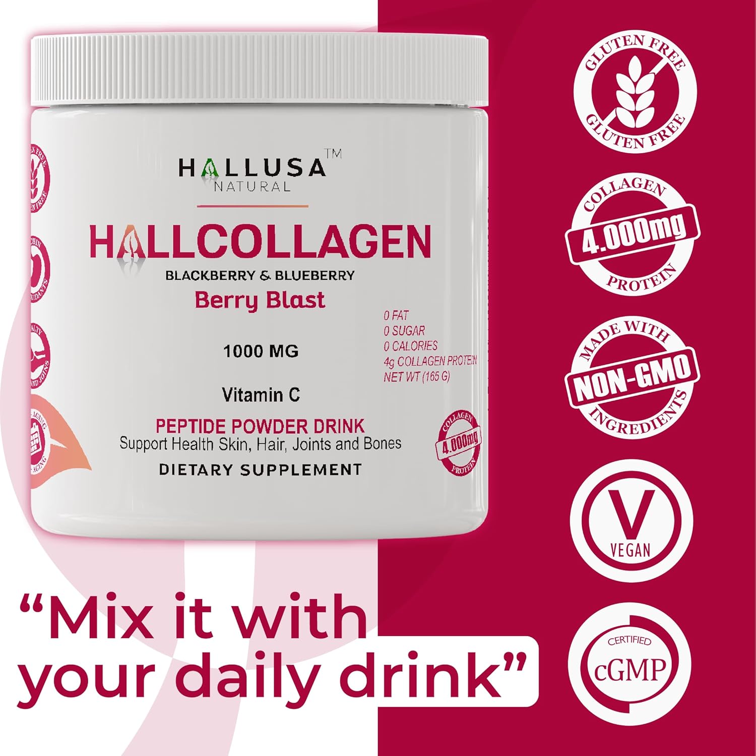 Hydrolyzed Collagen Powder for Bones, Joints, Nails, Hair, and Skin - Hallusa Natural