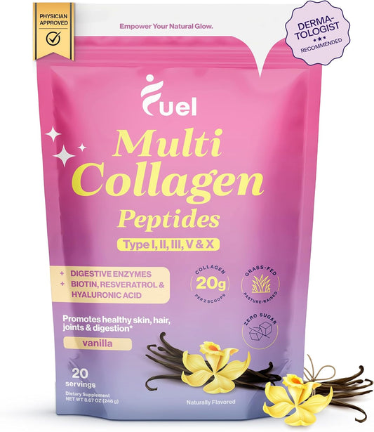 Hydrolyzed Collagen Powder with Multi Types for Women - Promotes Skin, Hair, and Nails with Hyaluronic Acid & Biotin - French Vanilla Flavor