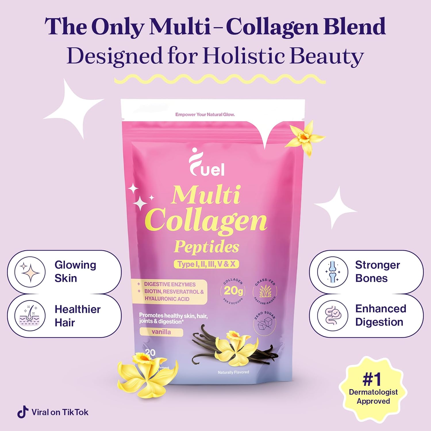 Hydrolyzed Collagen Powder with Multi Types for Women - Promotes Skin, Hair, and Nails with Hyaluronic Acid & Biotin - French Vanilla Flavor