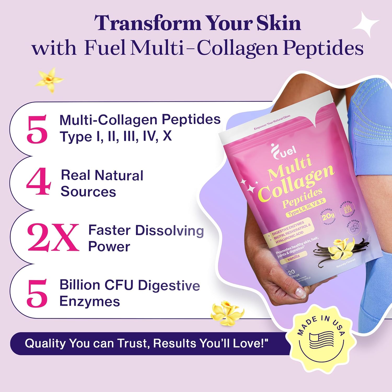 Hydrolyzed Collagen Powder with Multi Types for Women - Promotes Skin, Hair, and Nails with Hyaluronic Acid & Biotin - French Vanilla Flavor