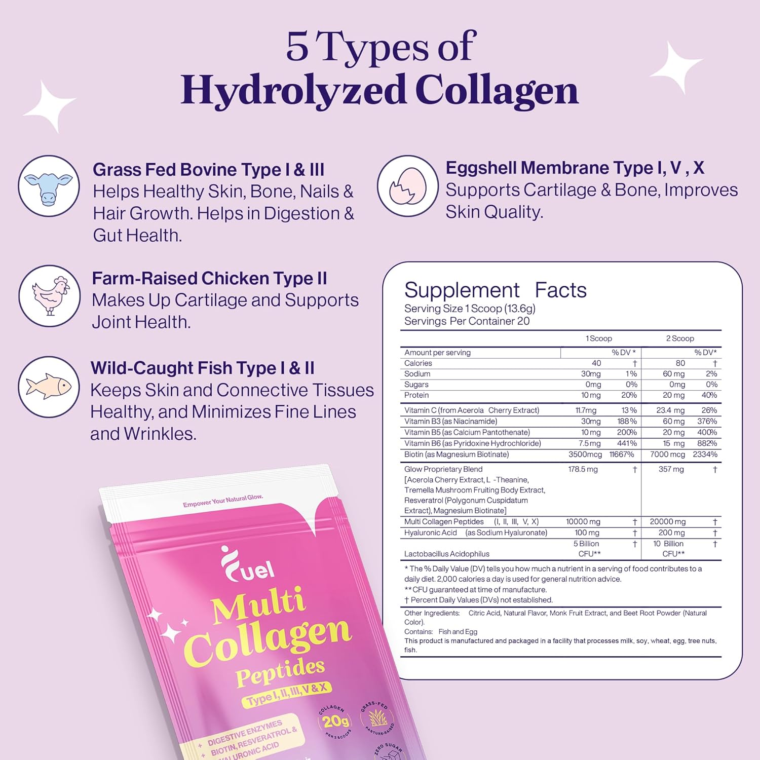 Hydrolyzed Collagen Powder with Multi Types for Women - Promotes Skin, Hair, and Nails with Hyaluronic Acid & Biotin - French Vanilla Flavor