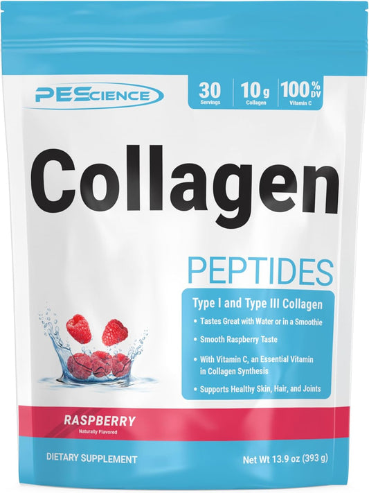 Hydrolyzed Collagen Protein Powder with Vitamin C - Raspberry Flavor, 30 Servings, Supports Hair, Skin, and Nails