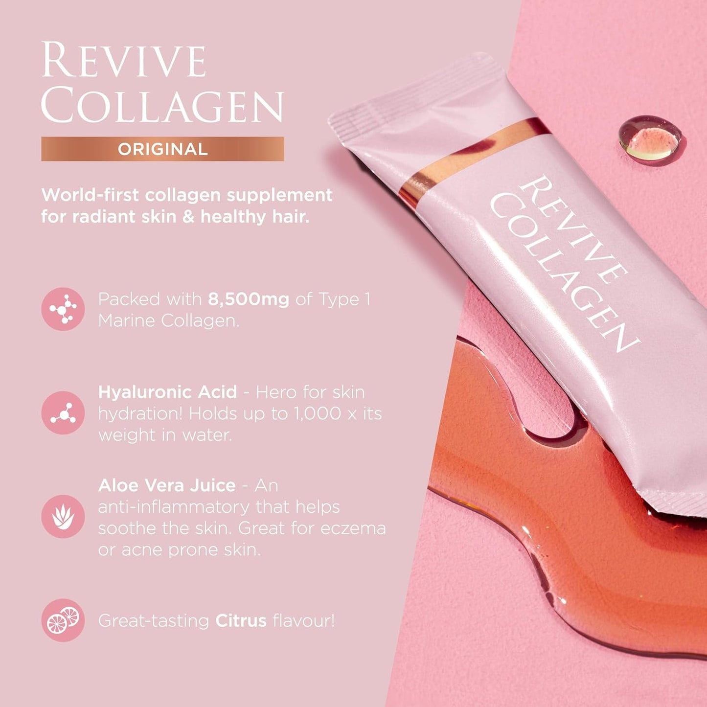 Hydrolyzed Marine Collagen Drink with Hyaluronic Acid & Aloe Vera - Lemon & Lime Flavor | 8,500mg Collagen for Skin, Hair, Nails & Joints - 14 Days Supply