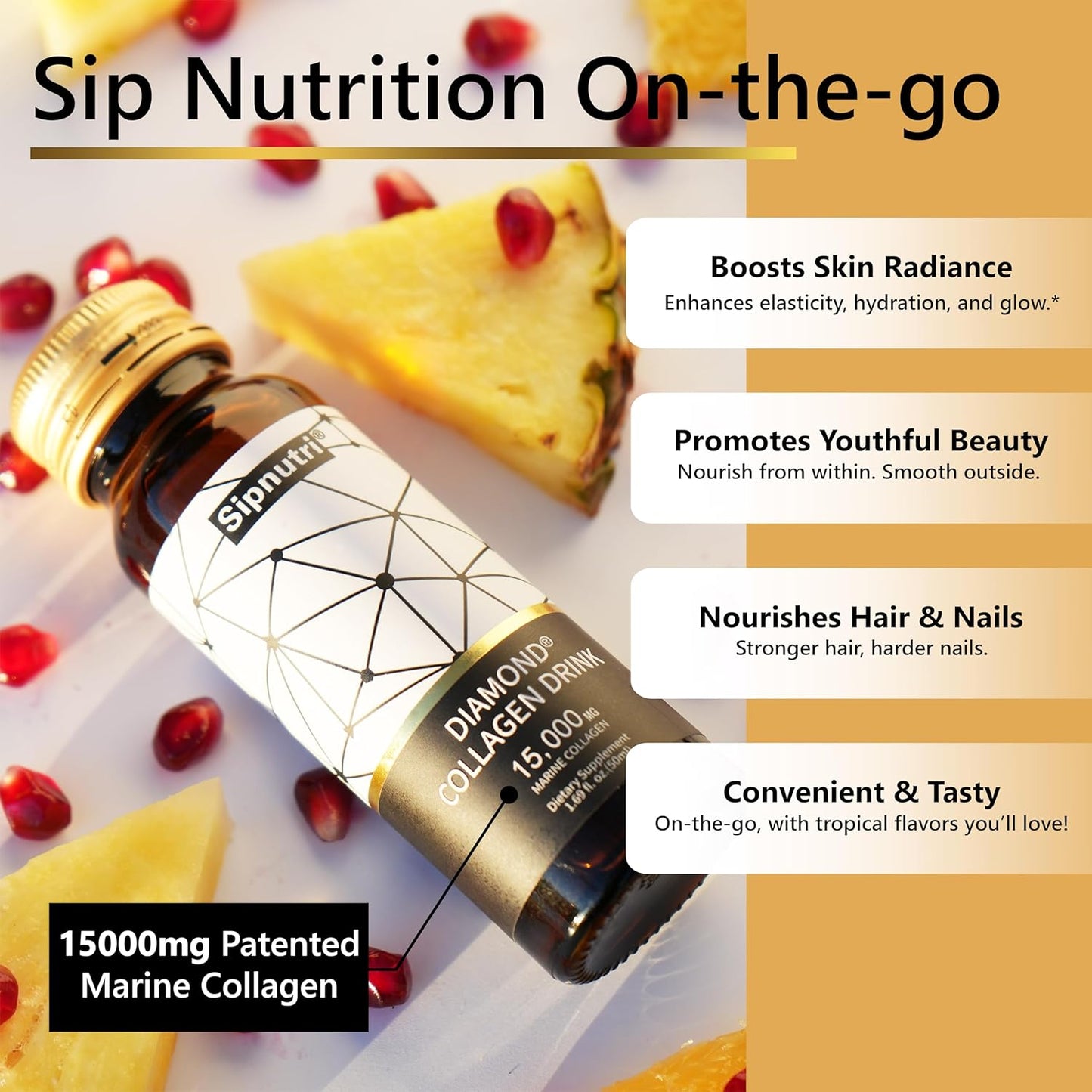 Hydrolyzed Marine Collagen Drink with Vitamin C & Pomegranate for Hair, Skin, Nails, Joints, Bones Support - 15000mg, 50ml x 10 Bottles
