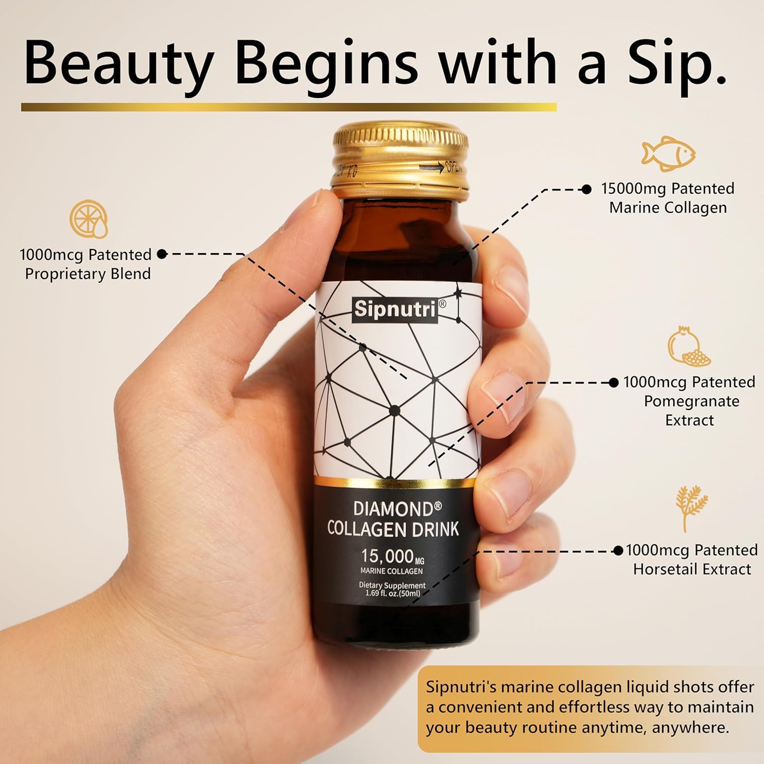 Hydrolyzed Marine Collagen Drink with Vitamin C & Pomegranate for Hair, Skin, Nails, Joints, Bones Support - 15000mg, 50ml x 10 Bottles