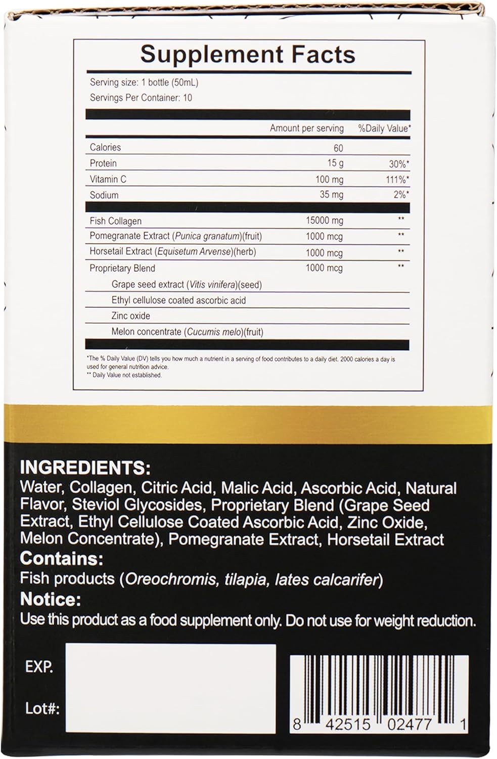 Hydrolyzed Marine Collagen Drink with Vitamin C & Pomegranate for Hair, Skin, Nails, Joints, Bones Support - 15000mg, 50ml x 10 Bottles