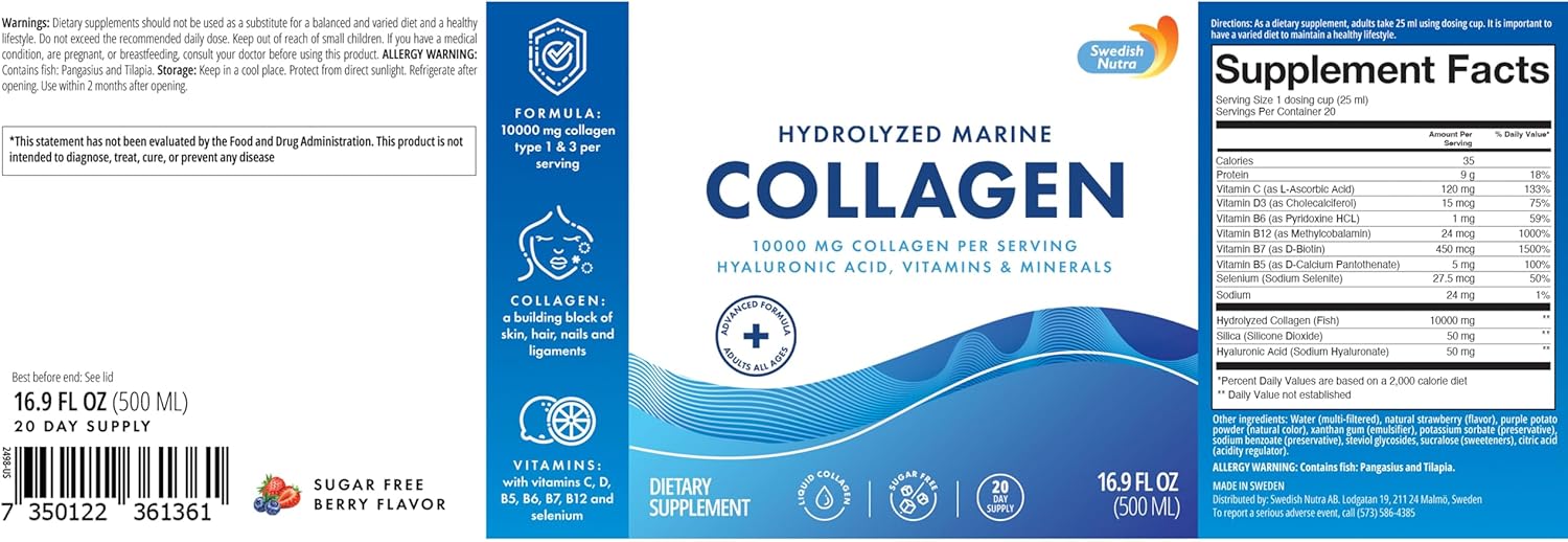 Hydrolyzed Marine Collagen Liquid Supplement with Hyaluronic Acid, Biotin, and Vitamin C - 10,000 mg - 500 ml - 20 Day Supply - Sugar-Free - Swedish Nutra
