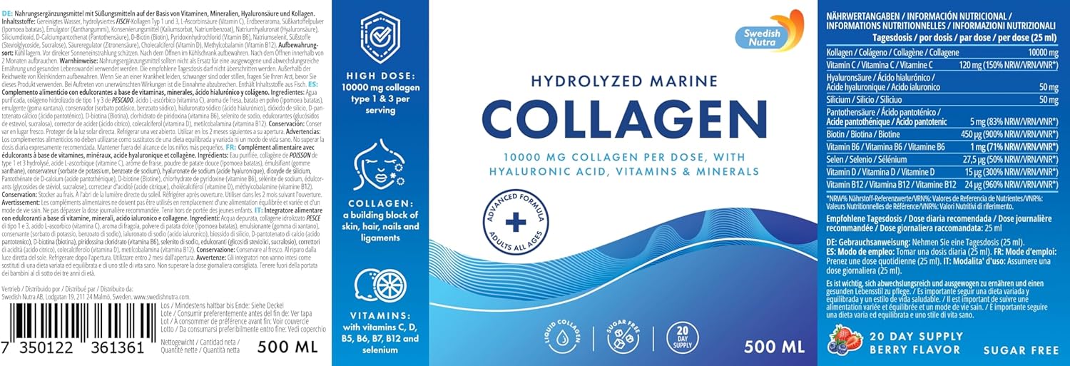Hydrolyzed Marine Collagen Liquid Supplement with Hyaluronic Acid, Biotin, and Vitamin C - 10,000 mg - 500 ml - 20 Day Supply - Sugar-Free - Swedish Nutra