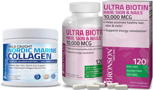 Hydrolyzed Marine Collagen Peptides Powder with Biotin for Hair, Skin, and Nails - 10,000 Mcg Ultra Supplement