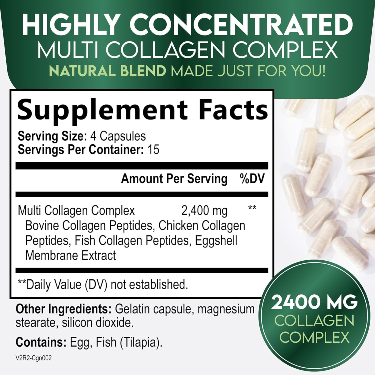 Hydrolyzed Multi Collagen Capsules for Hair, Nails, Skin & Joints - Type I, II, III, V, X - Vital Nutrients & Proteins - 60ct