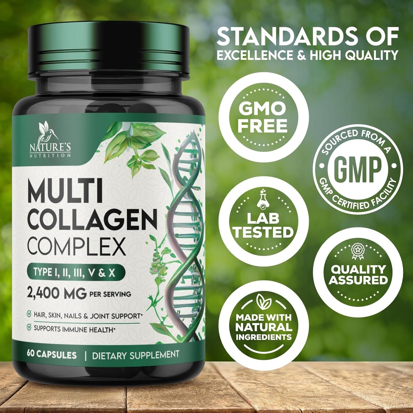 Hydrolyzed Multi Collagen Capsules for Hair, Nails, Skin & Joints - Type I, II, III, V, X - Vital Nutrients & Proteins - 60ct
