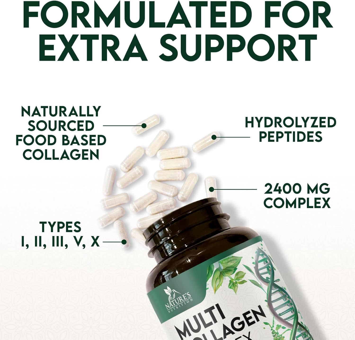 Hydrolyzed Multi Collagen Capsules for Hair, Nails, Skin & Joints - Type I, II, III, V, X - Vital Nutrients & Proteins - 60ct