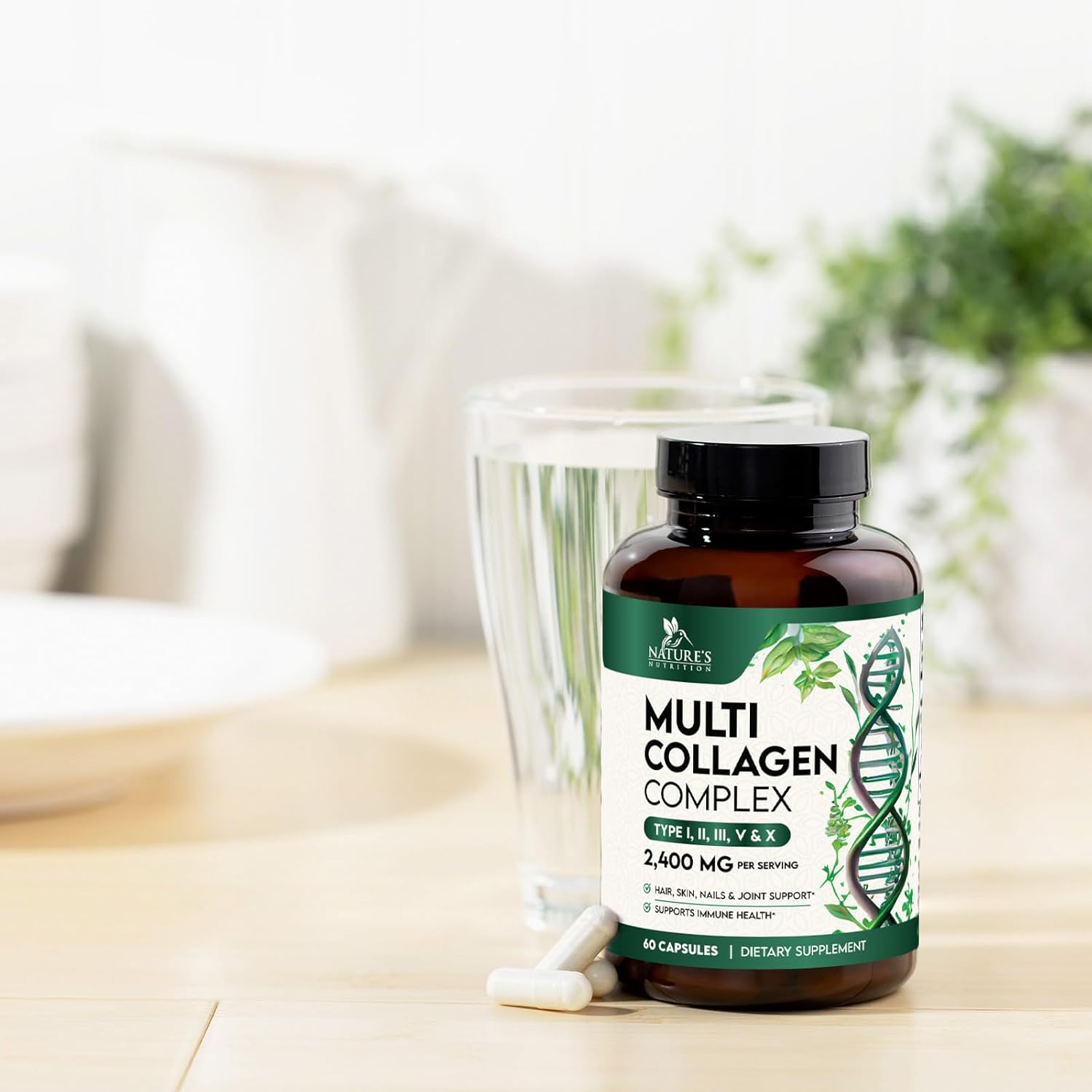 Hydrolyzed Multi Collagen Capsules for Hair, Nails, Skin & Joints - Type I, II, III, V, X - Vital Nutrients & Proteins - 60ct