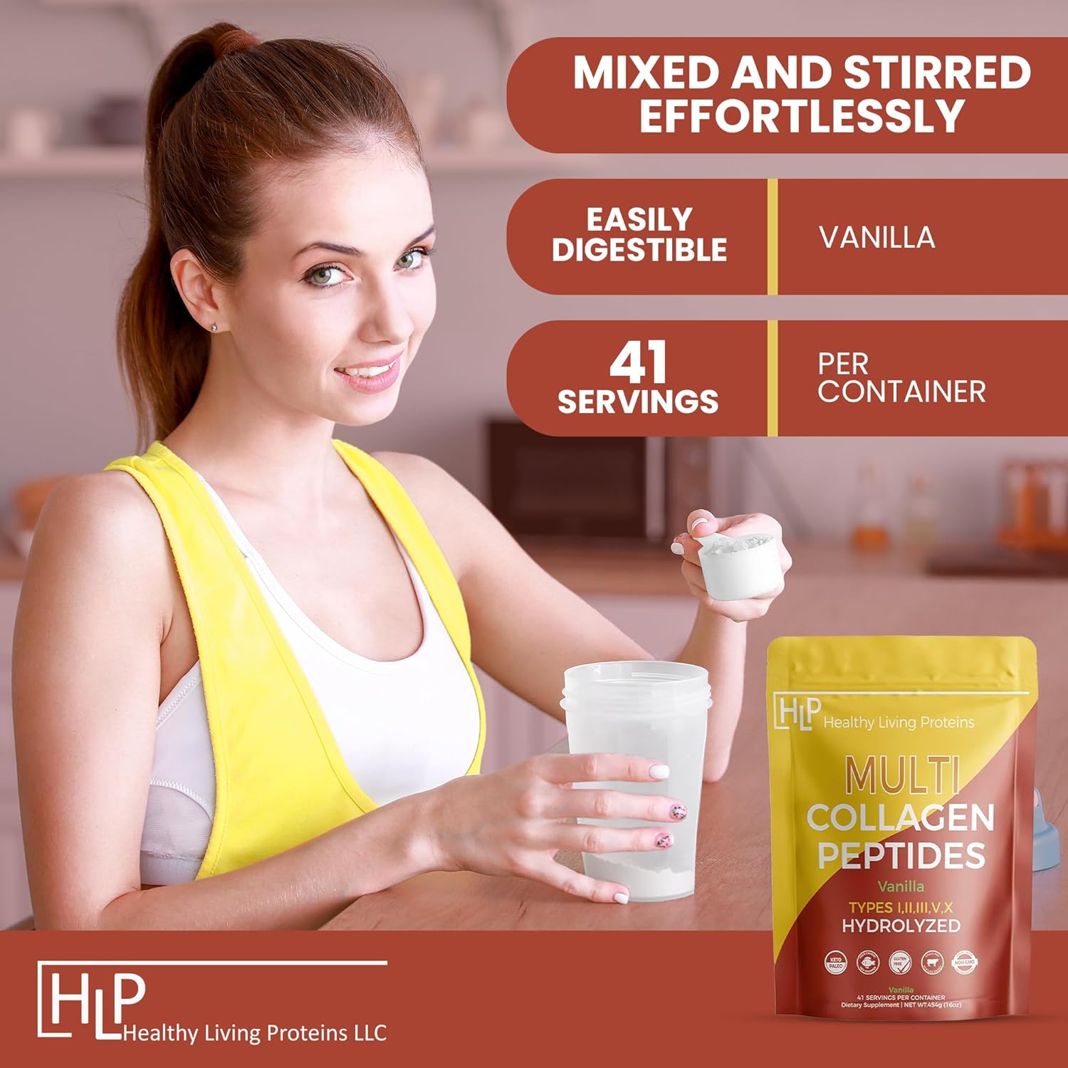 Hydrolyzed Multi Collagen Peptides Powder - Grass Fed Bovine, Wild Caught Marine, Free Range Chicken - Vanilla Flavor, 16 oz