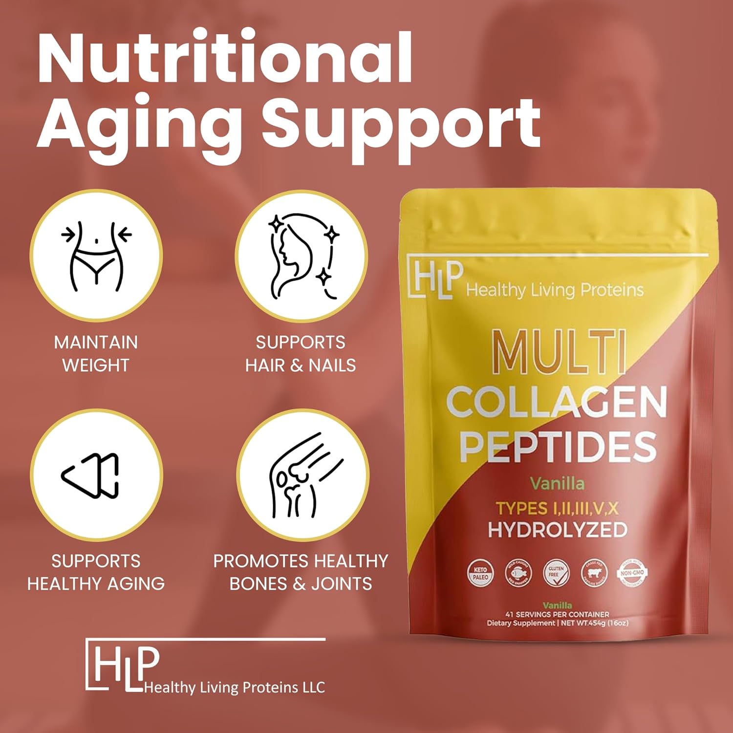 Hydrolyzed Multi Collagen Peptides Powder - Grass Fed Bovine, Wild Caught Marine, Free Range Chicken - Vanilla Flavor, 16 oz