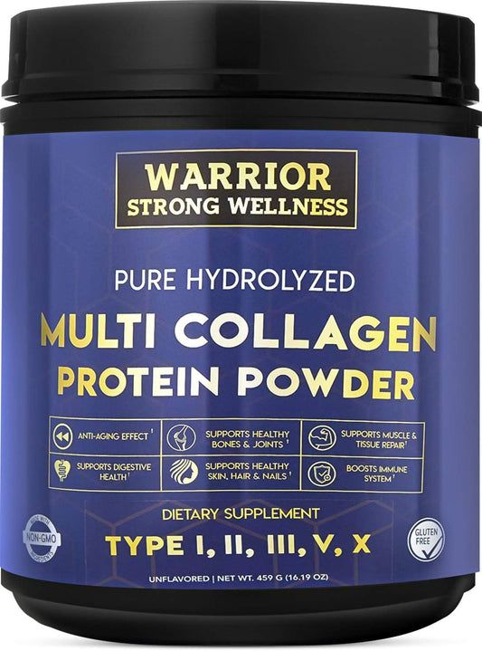 Hydrolyzed Multi Collagen Protein Powder for Wellness, Skin Elasticity, Hair Growth, Joint Health - Unflavored Warrior Strong Blend