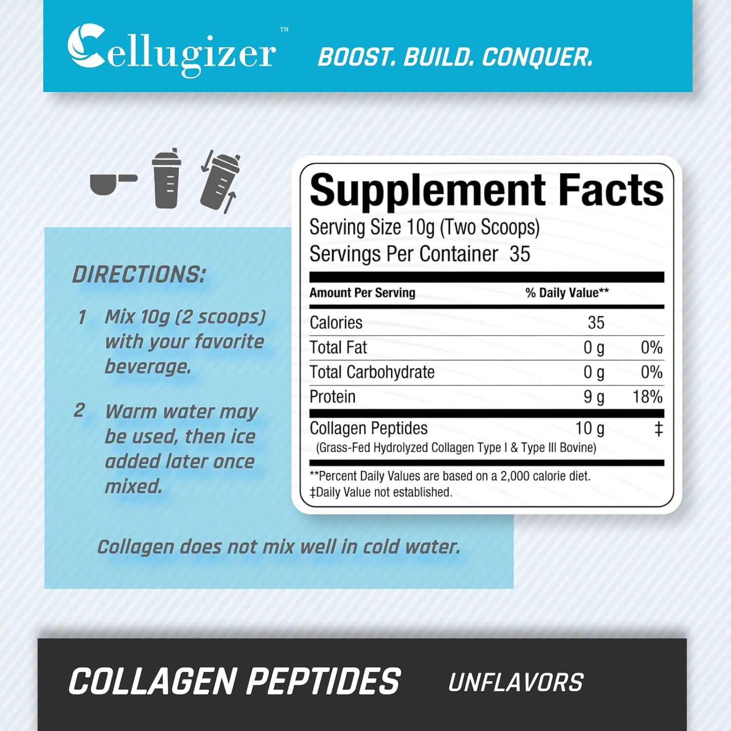 Hydrolyzed Type 1 & 3 Collagen Peptides Powder Supplement - Grass Fed, Unflavored, 35 Servings