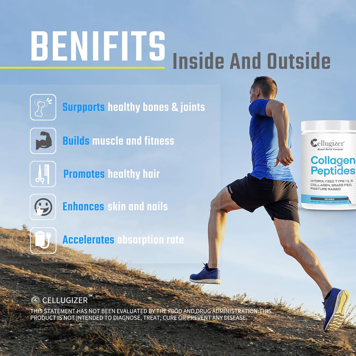 Hydrolyzed Type 1 & 3 Collagen Peptides Powder Supplement - Grass Fed, Unflavored, 35 Servings