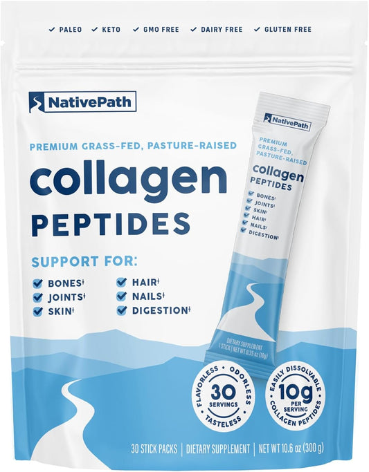 Hydrolyzed Type 1 & 3 Collagen Stick Packs for Skin, Hair, Nails - 30 Servings