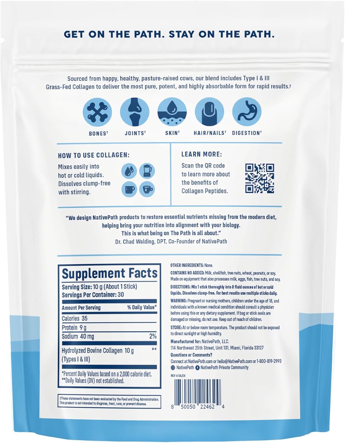 Hydrolyzed Type 1 & 3 Collagen Stick Packs for Skin, Hair, Nails - 30 Servings