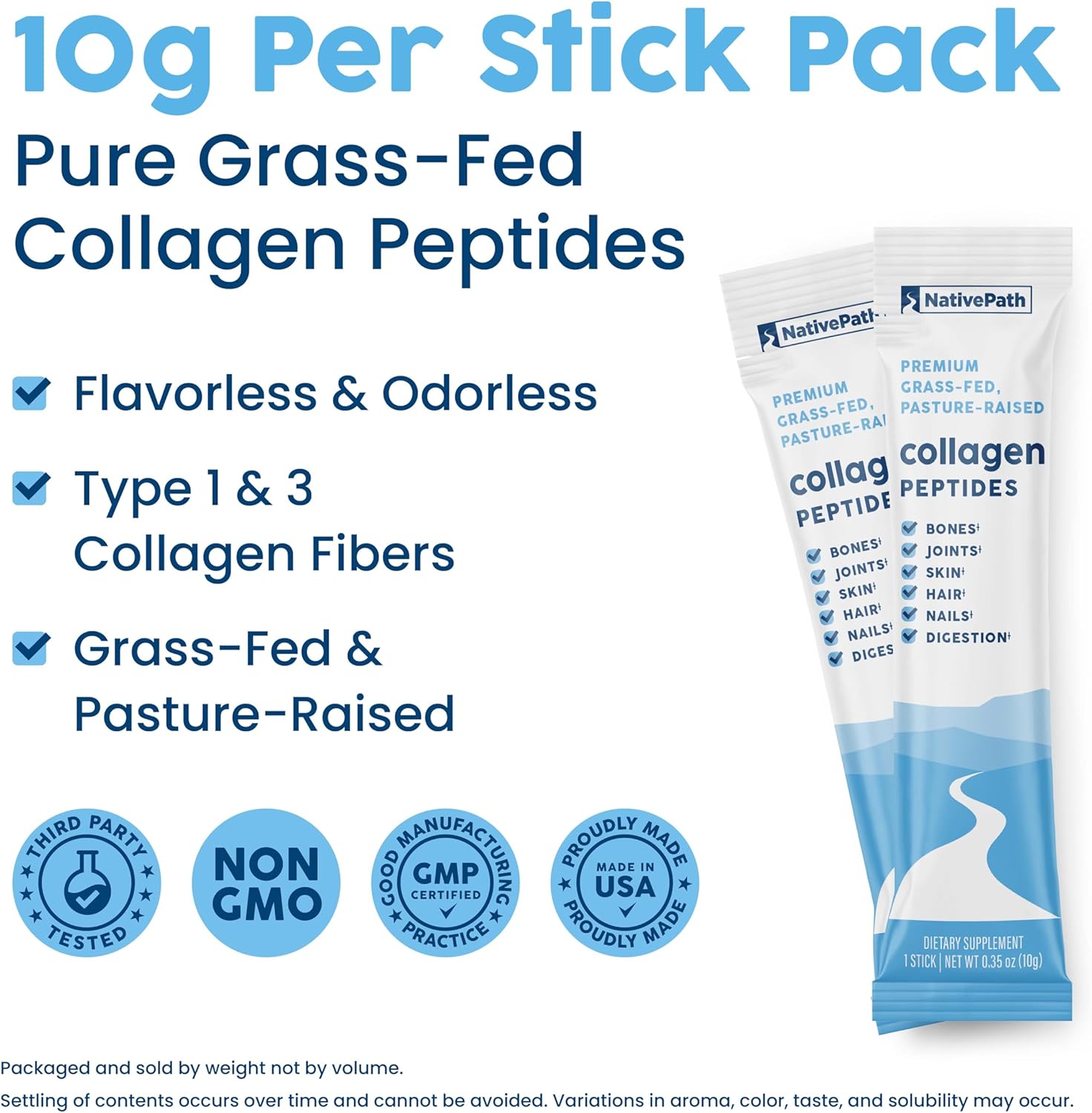Hydrolyzed Type 1 & 3 Collagen Stick Packs for Skin, Hair, Nails - 30 Servings
