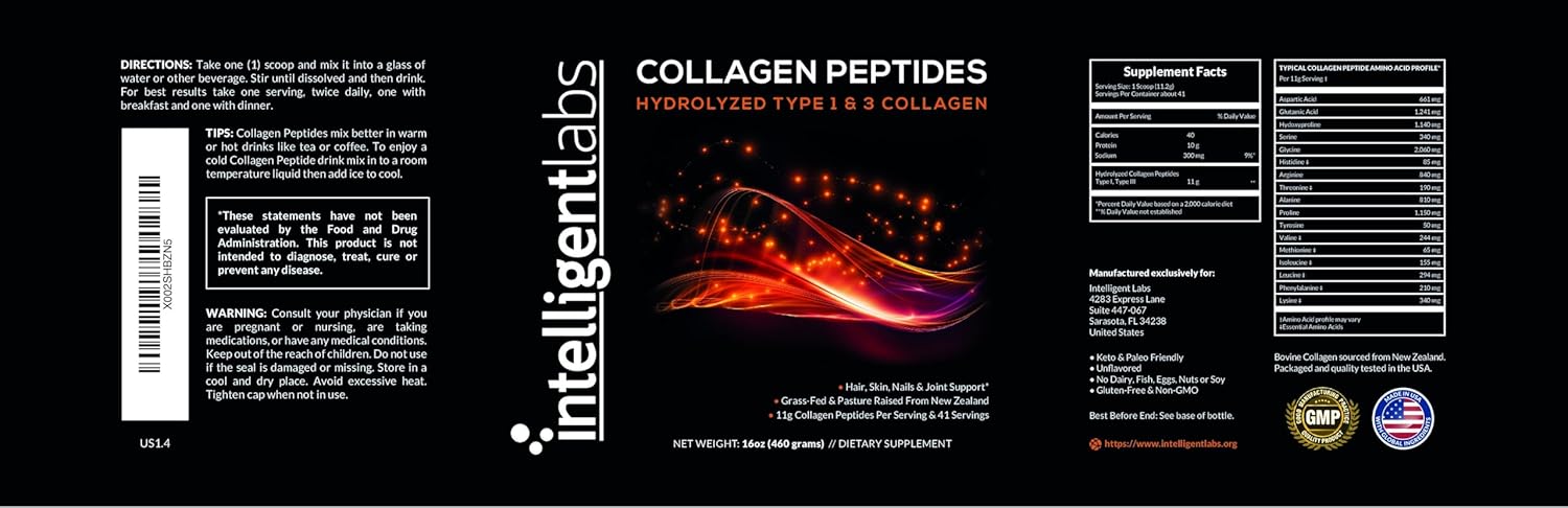 Hydrolyzed Type 1 and 3 Collagen Peptides Powder - Grass-Fed Bovine Source, 100% Cruelty-Free, Supports Hair, Skin, Nails & Joints, 11g per Serving, 41 Servings
