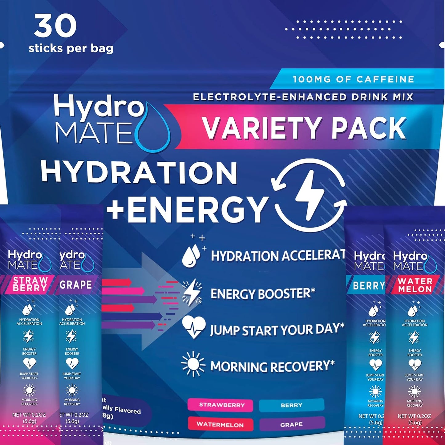 HydroMATE Electrolyte Powder Drink Mix Packets - 30 Count Variety Pack with Vitamin C, Caffeine, Low Sugar, for Rapid Recovery and Hydration Acceleration