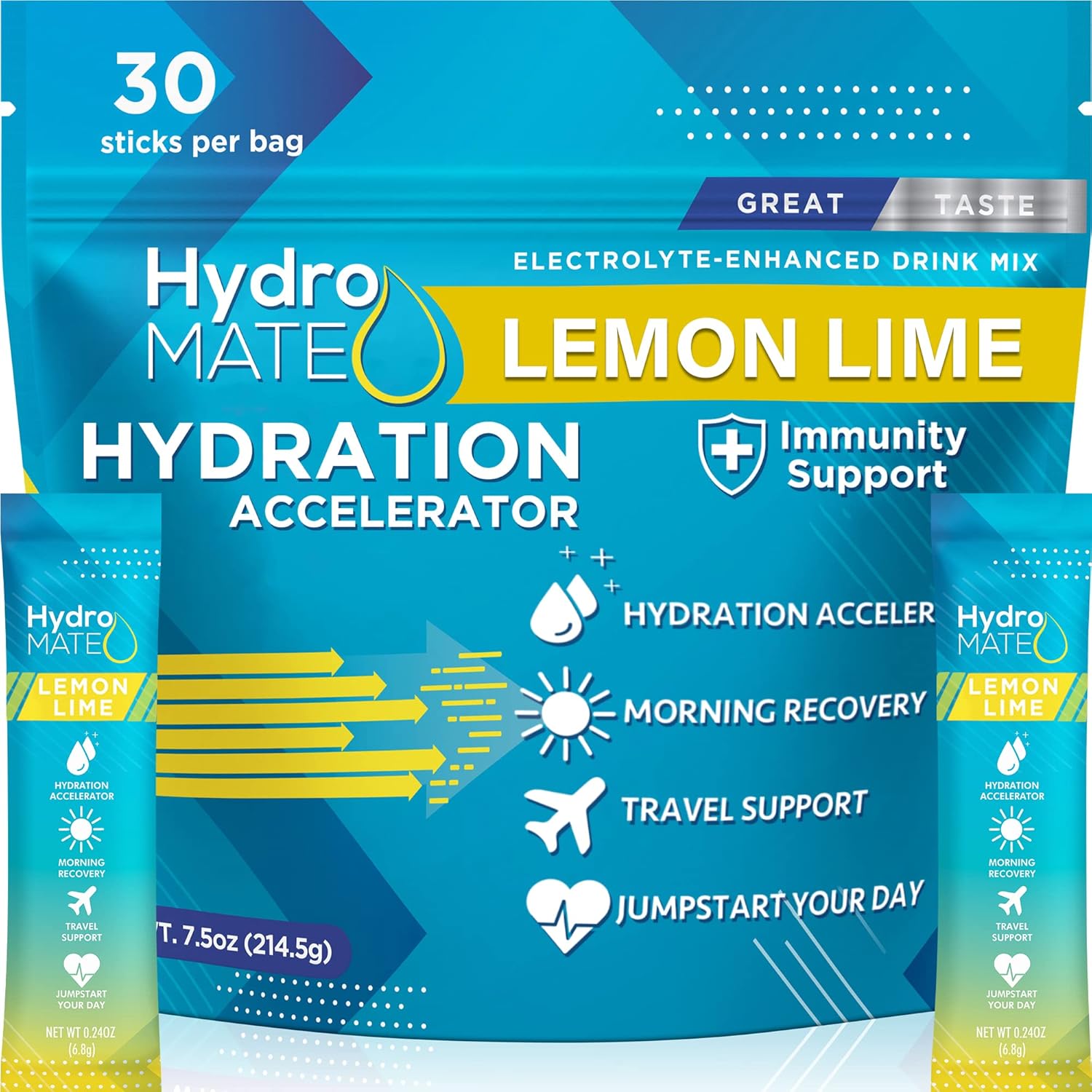 HydroMATE Electrolyte Powder Packets - Lemon Lime Flavor with Vitamin C for Instant Hydration and Energy Boost - 30 Count Pack for Fast Recovery