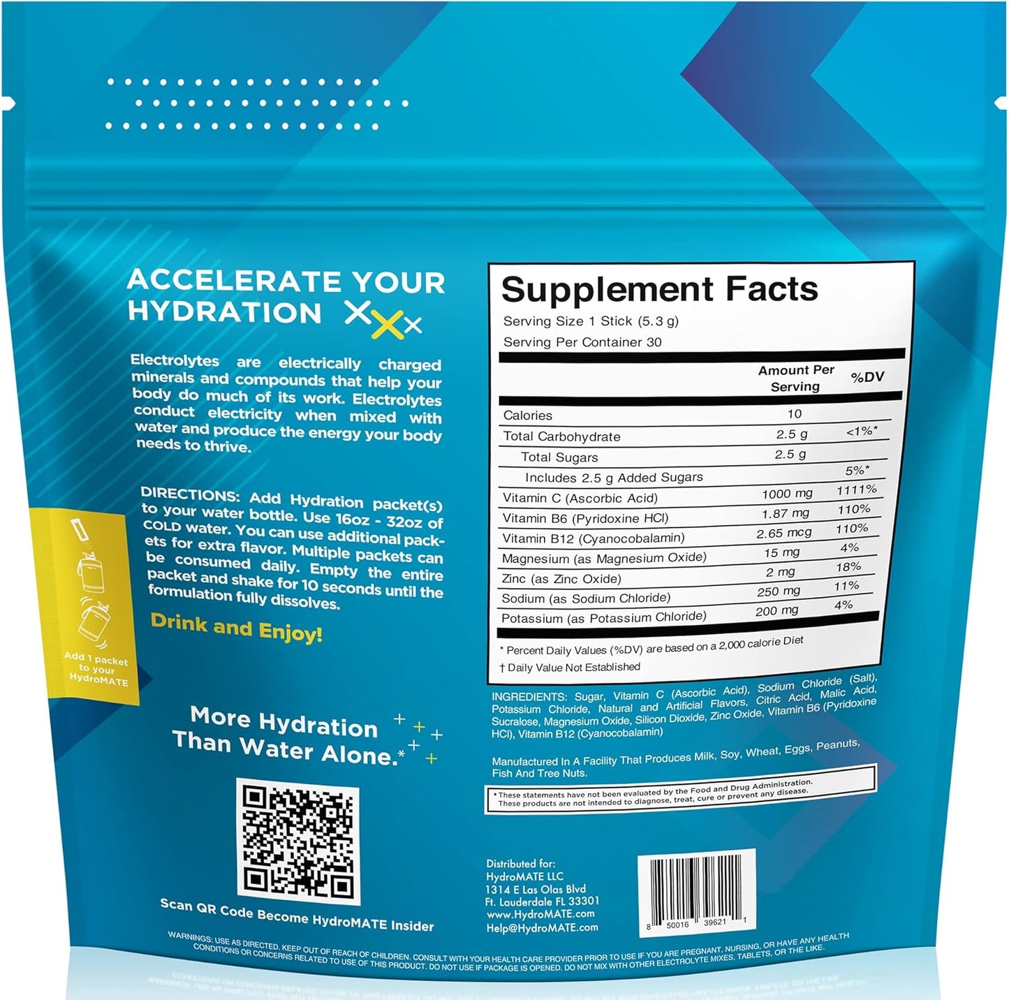 HydroMATE Electrolyte Powder Packets - Lemon Lime Flavor with Vitamin C for Instant Hydration and Energy Boost - 30 Count Pack for Fast Recovery