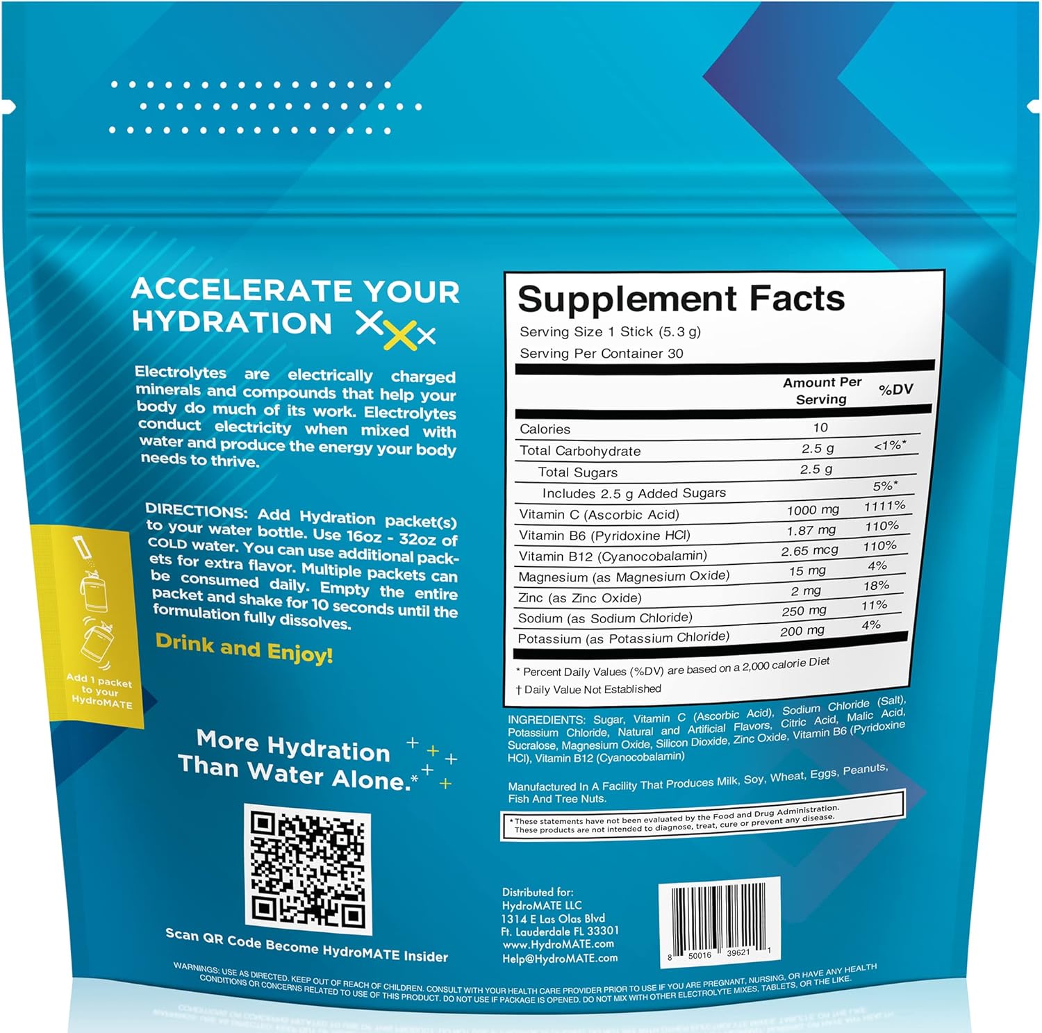HydroMATE Electrolyte Powder Packets - Lemon Lime Flavor with Vitamin C for Instant Hydration and Energy Boost - 30 Count Pack for Fast Recovery