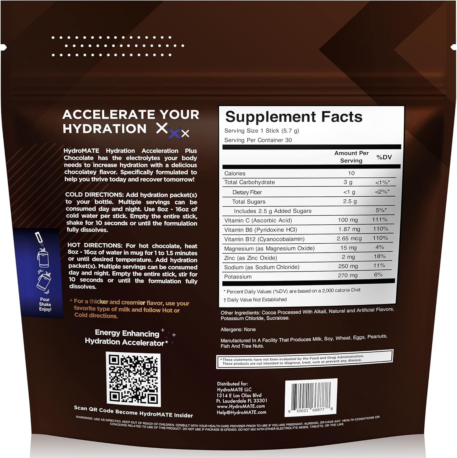HydroMATE Electrolyte Powder Packets for Fast Recovery & Hydration - Chocolate Flavor - 16 Count