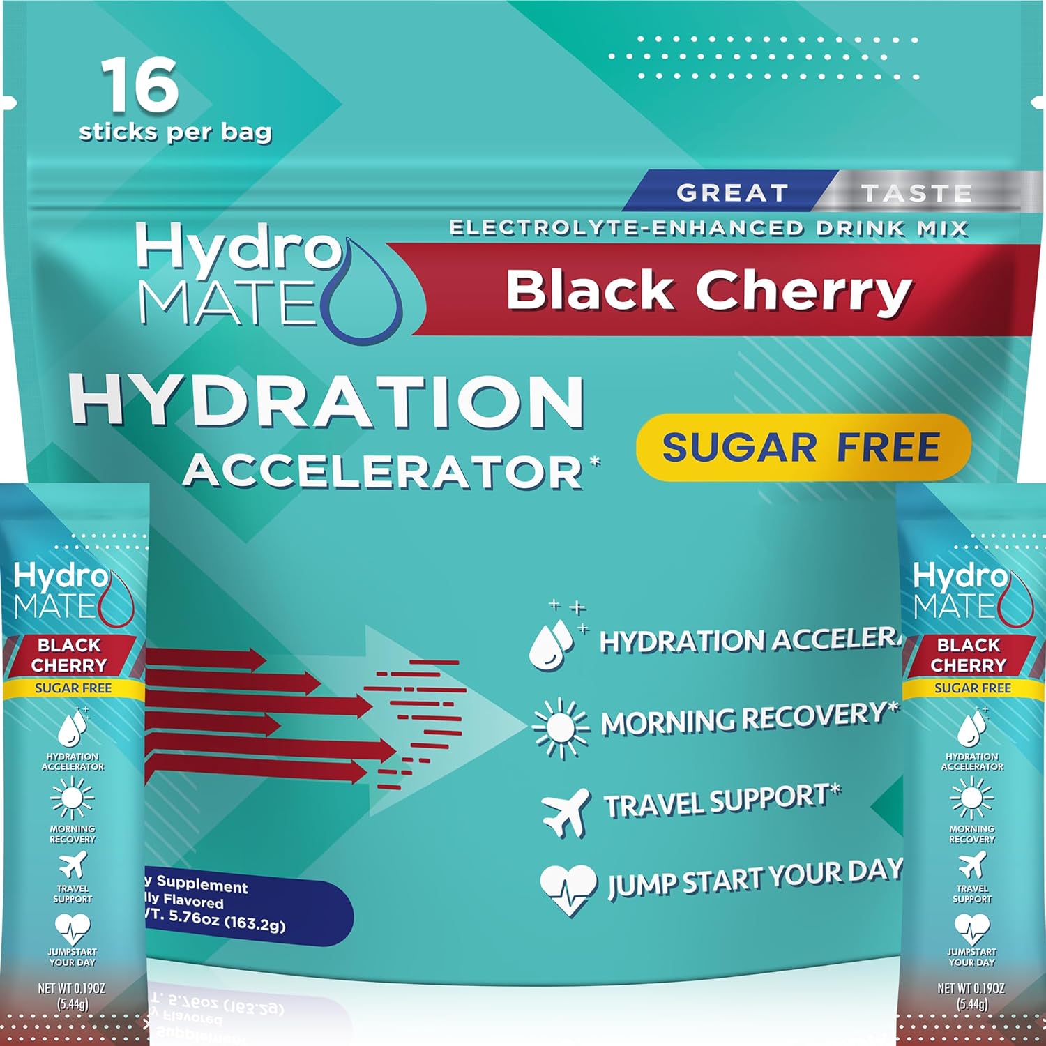 HydroMATE Electrolytes Powder Black Cherry Sugar Free Packets with Vitamin C for Keto Hydration - 16 Sticks - BoostGo Australia