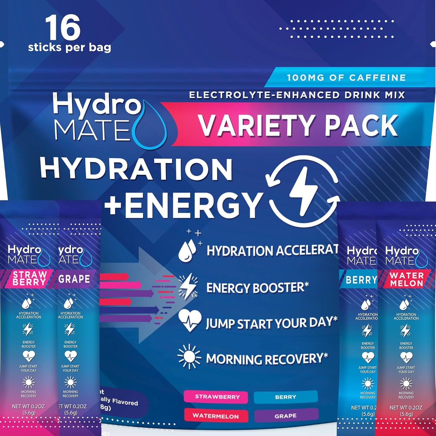 HydroMATE Electrolytes Powder Drink Mix Variety Pack - 16 Sticks, Low Sugar, Vitamin C, Caffeine, Rapid Recovery & Hydration Accelerator