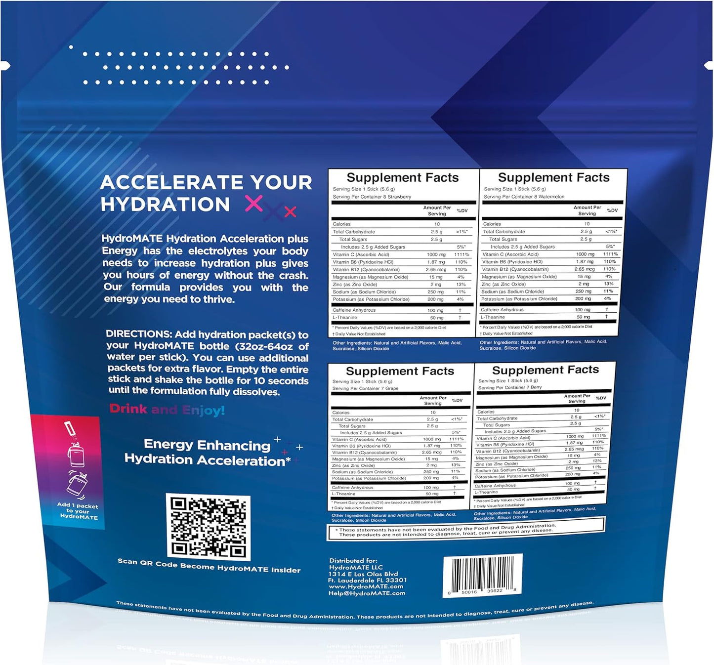 HydroMATE Electrolytes Powder Drink Mix Variety Pack - 16 Sticks, Low Sugar, Vitamin C, Caffeine, Rapid Recovery & Hydration Accelerator