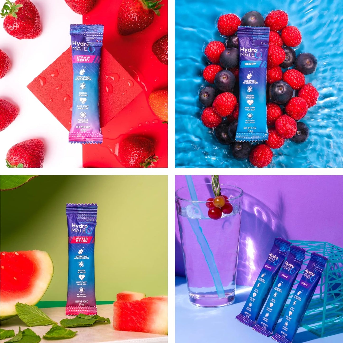 HydroMATE Electrolytes Powder Drink Mix Variety Pack - 16 Sticks, Low Sugar, Vitamin C, Caffeine, Rapid Recovery & Hydration Accelerator