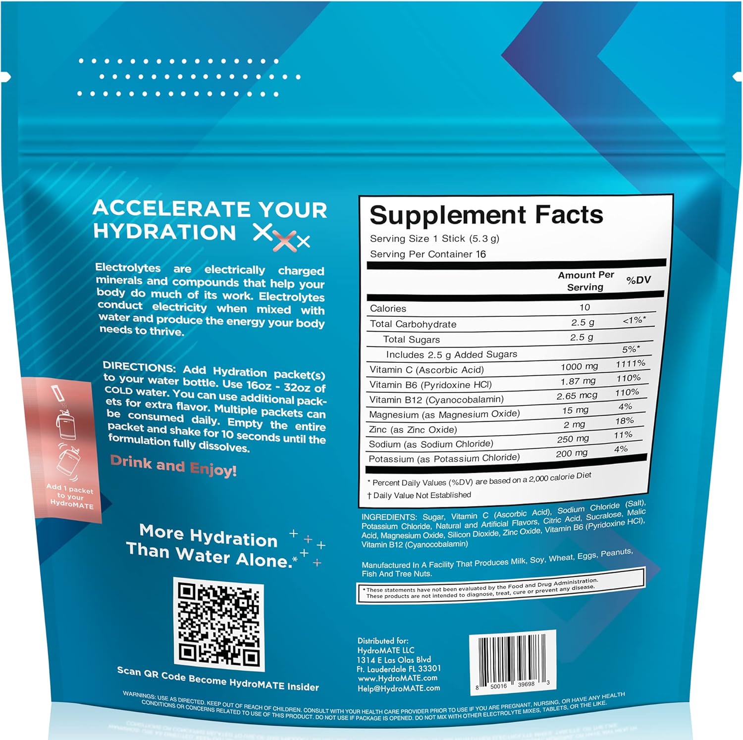 HydroMATE Electrolytes Powder Packets - 16 Count Peach Tea Instant Hydration with Vitamin C - Low Sugar Fast Recovery