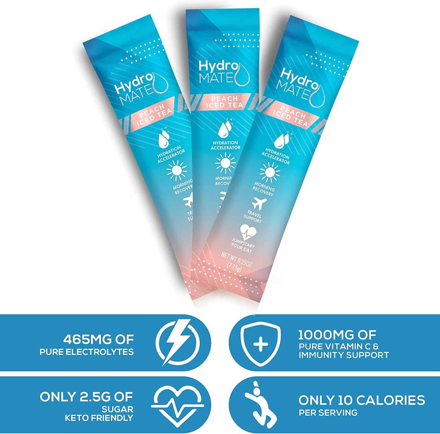 HydroMATE Electrolytes Powder Packets - 16 Count Peach Tea Instant Hydration with Vitamin C - Low Sugar Fast Recovery