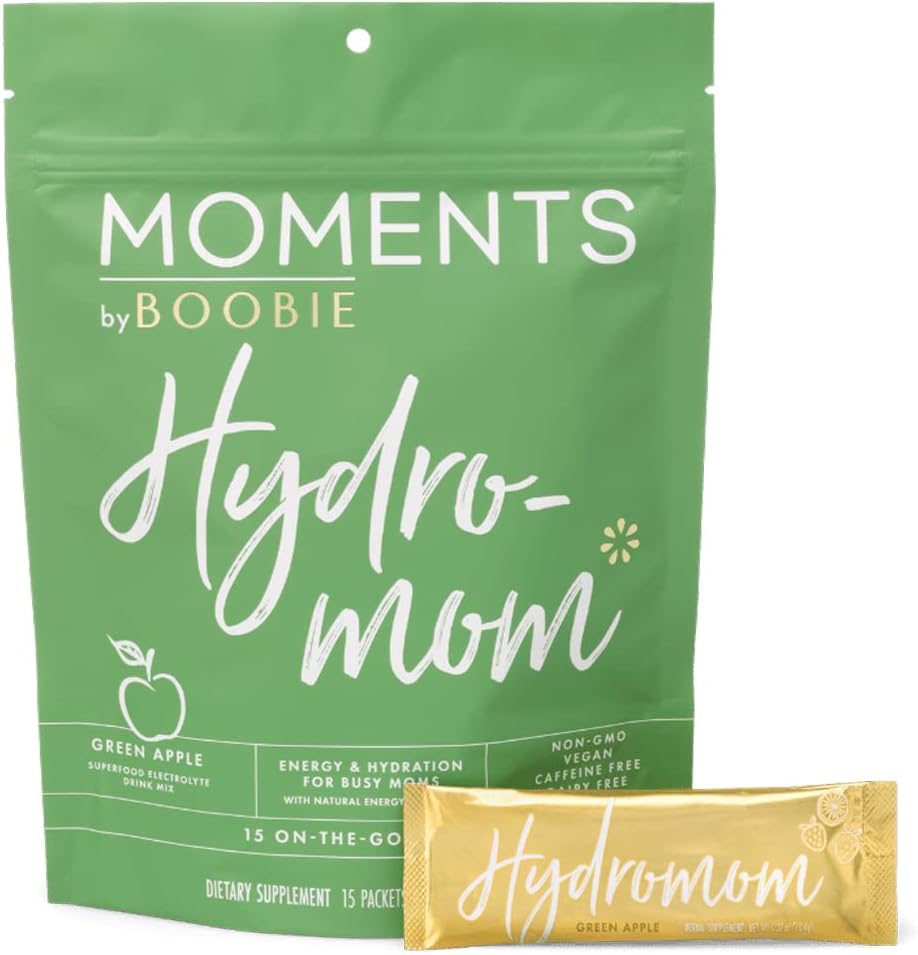 Hydromom Superfood Electrolyte Drink Mix, Green Apple Flavor - Energy & Hydration Boost for Moms - On-The-Go Essentials for Pregnancy & Lactation - 15 Packets