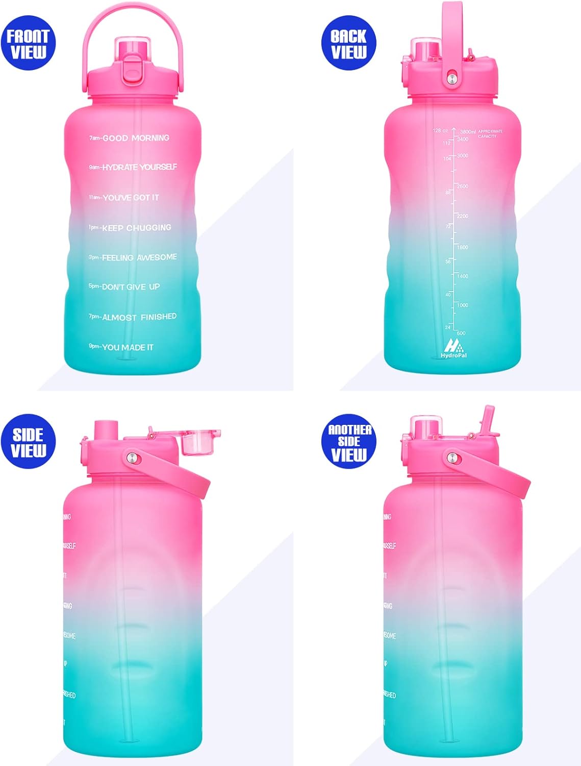 HydroPal 1 Gallon Water Bottle with Straw and Motivational Time Markings - BPA-Free Gym Jug for Sports, Fitness, and Camping