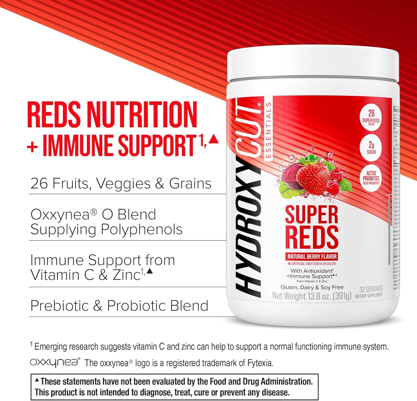 Hydroxycut Essentials Super Reds Superfood Powder with Vitamin C, Zinc, and Probiotics for Immune Support - 26 Superfood Blend - Soy, Gluten, and Dairy Free - 32 Servings
