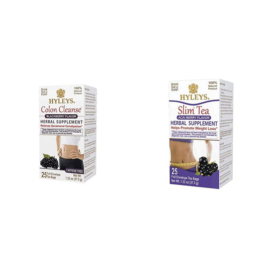 Hyleys Colon Cleanse and Slim Tea Bundle - Acai Berry Flavor, Herbal Detox and Slimming Formula Supplement - 25 Tea Bags
