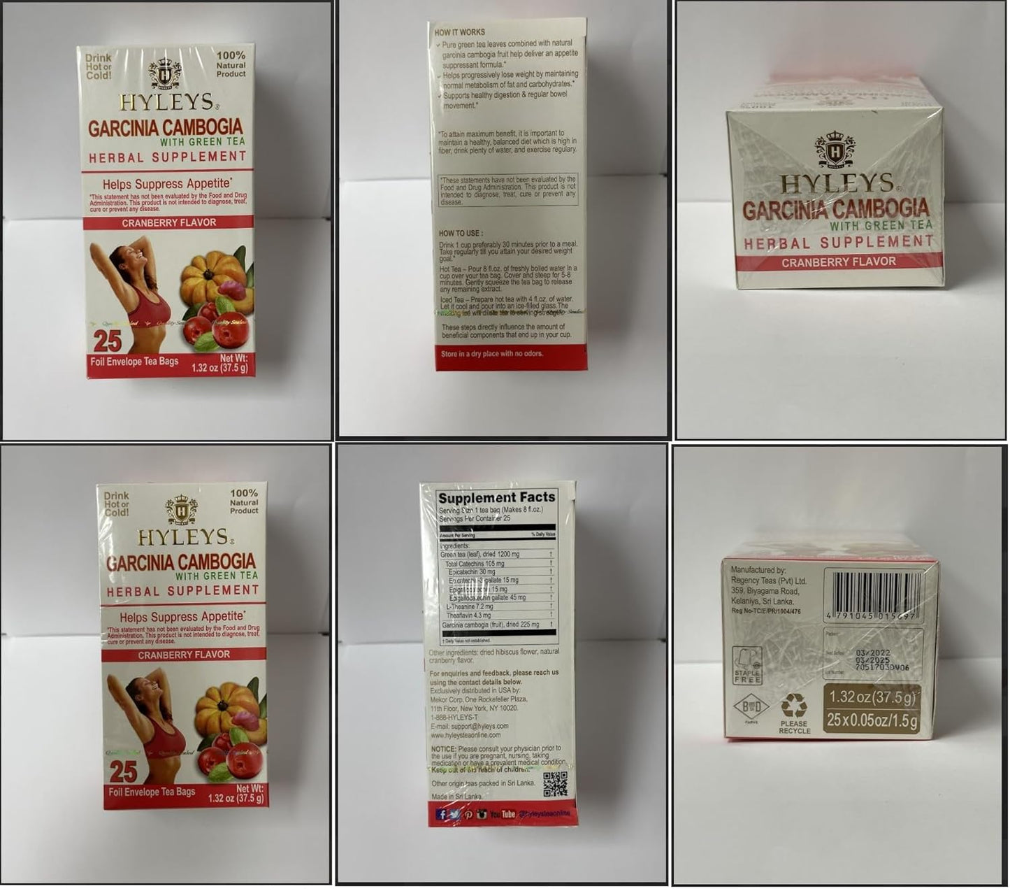 HYLEYS Garcinia Cambogia Green Tea Cranberry Flavor - 150 Tea Bags (6 Pack)