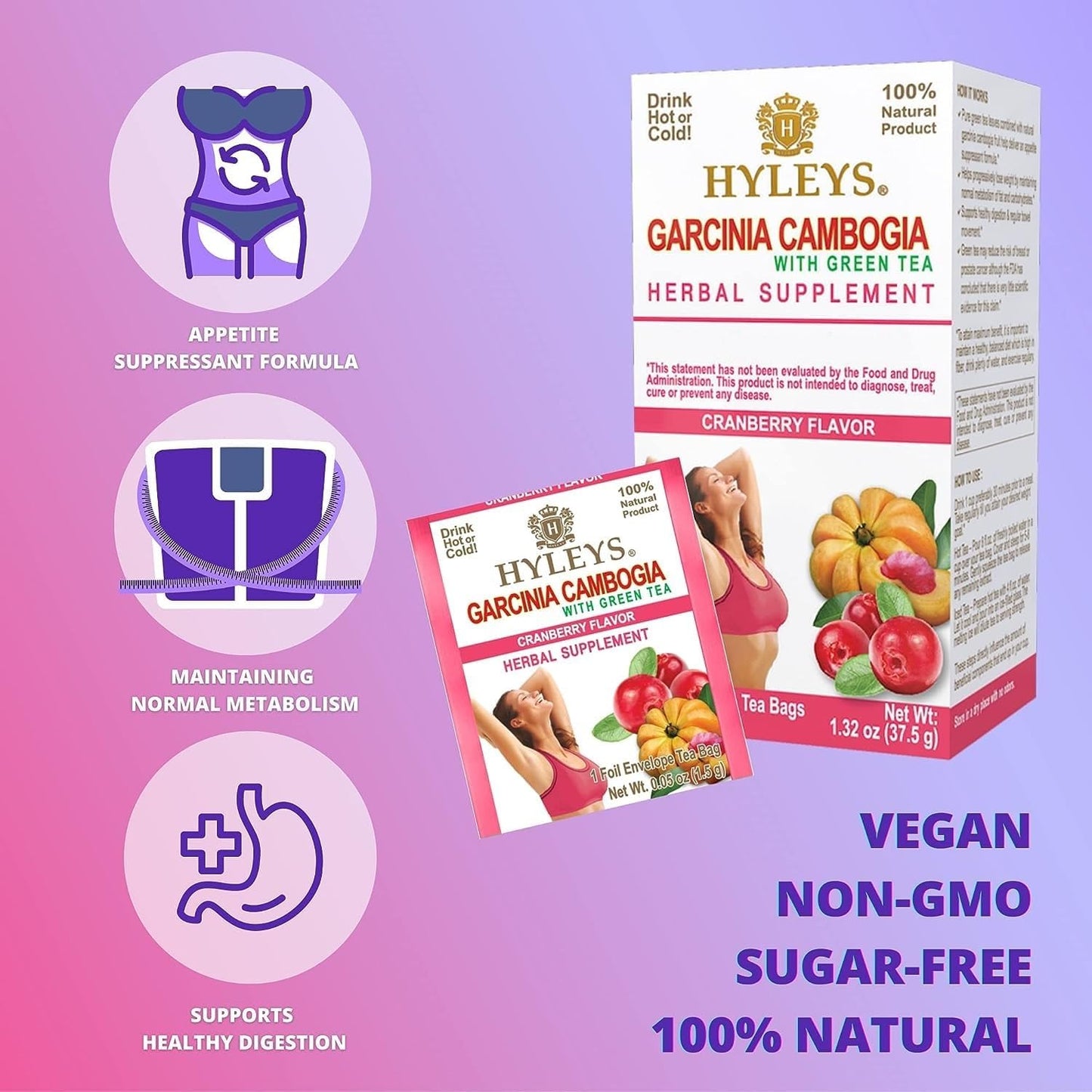 HYLEYS Garcinia Cambogia Green Tea Cranberry Flavor - 150 Tea Bags (6 Pack)