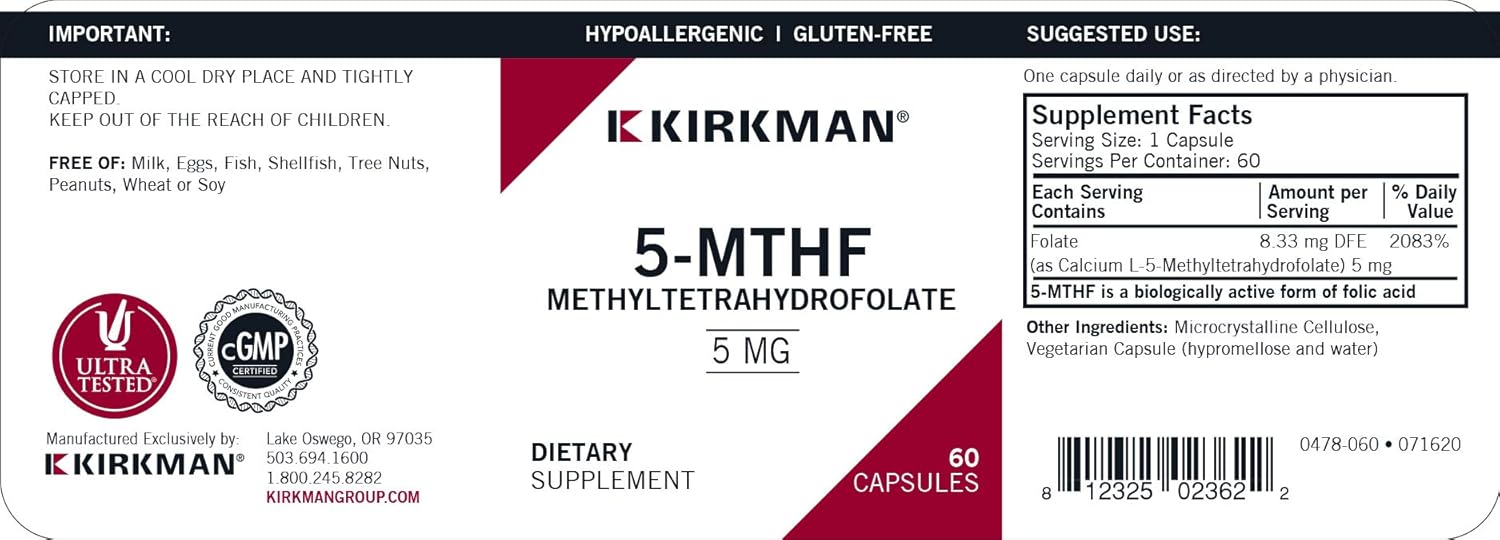 Hypoallergenic Kirkman 5-MTHF 5 mg - [6S]-5-Methyltetrahydrofolate | 60 Veg Caps