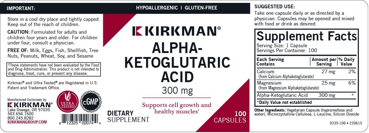 Hypoallergenic Kirkman Alpha-Ketoglutaric Acid Capsules 300mg - Supports Metabolism and Bone Health - 100 Count
