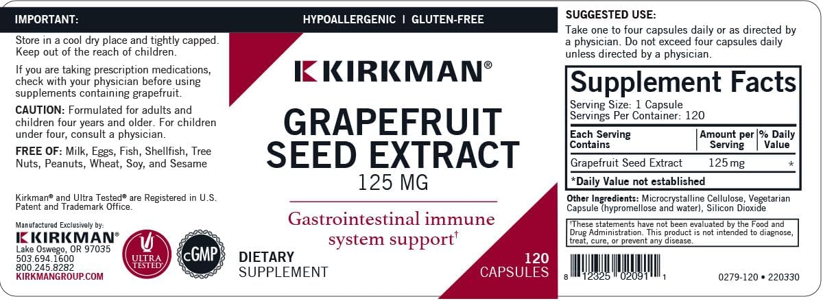Hypoallergenic Kirkman Grapefruit Seed Extract Capsules - 125 mg, 120 Count