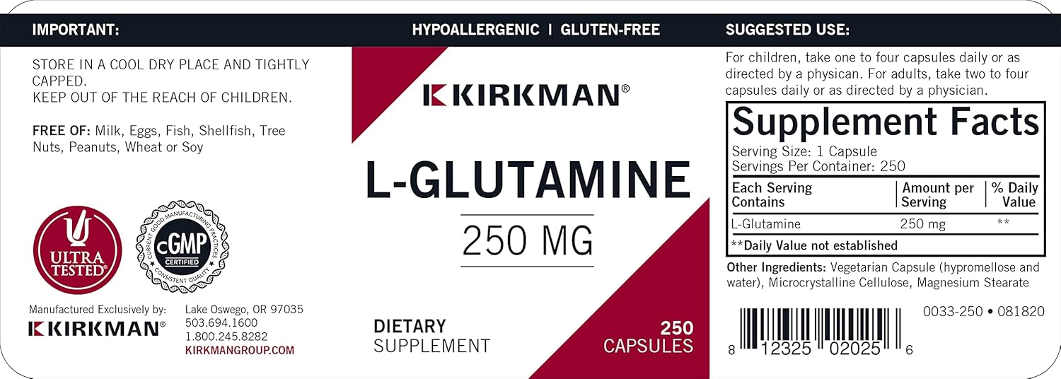 Hypoallergenic Kirkman L-Glutamine 250 mg Vegetarian Capsules - Amino Acid Supplement, Gluten & Casein Free