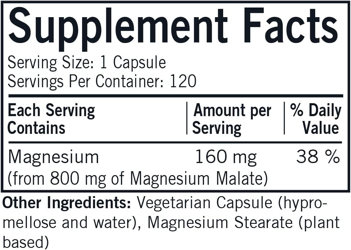 Hypoallergenic Kirkman Magnesium Malate Capsules - 800 mg (120 Count) for Restful Sleep and Muscle Relaxation