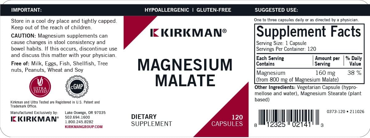 Hypoallergenic Kirkman Magnesium Malate Capsules - 800 mg (120 Count) for Restful Sleep and Muscle Relaxation