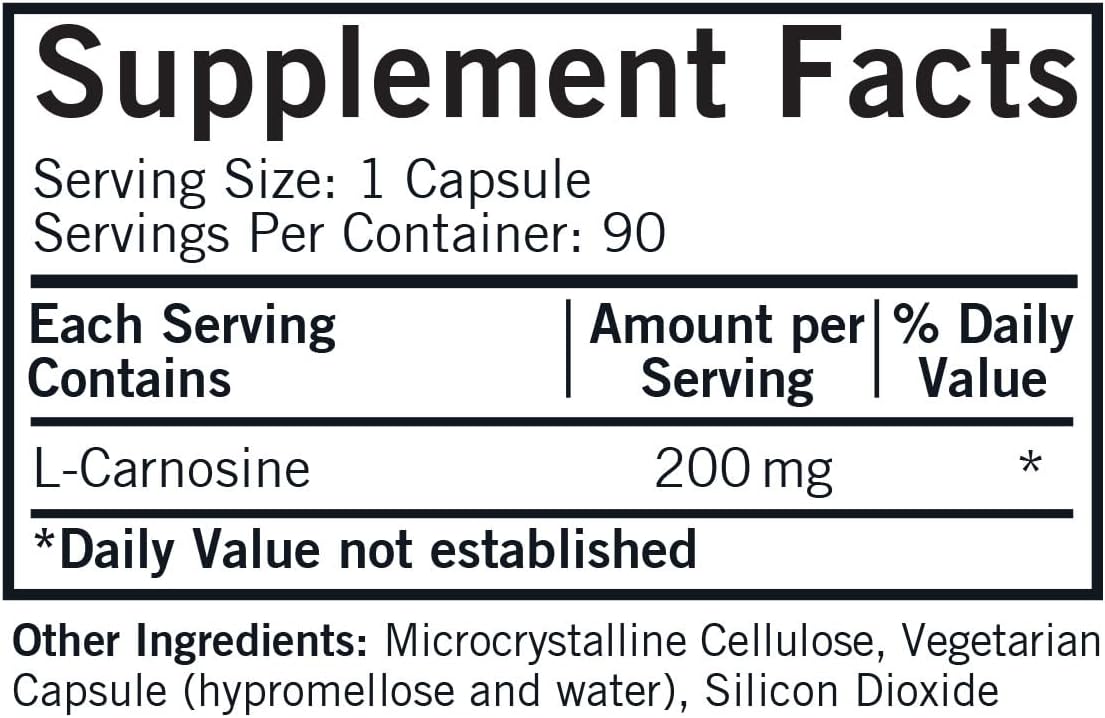 Hypoallergenic L-Carnosine 200 mg Capsules - Vegetarian Amino Acid Supplement - Gluten & Casein Free - 90 Count